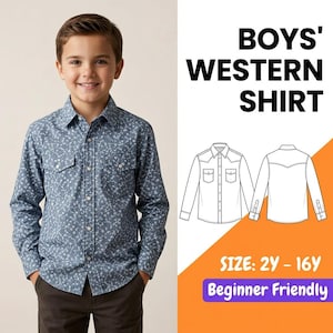 May include: A long-sleeve western shirt with a blue and white floral pattern, featuring a button-down front, two chest pockets, and a pointed collar. The image includes text reading BOYS' WESTERN SHIRT, SIZE: 2Y - 16Y, and Beginner Friendly.