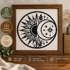 May include: A cross stitch pattern featuring a black circular design of a sun and moon on white fabric, framed in wood. Text includes Digital PDF Pattern, Instant Download, Pattern Only, Stitch Count 200 x 199, and Number of Colors 2.