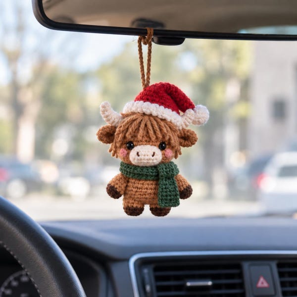 Crochet Highland Cow Christmas Ornament, Car Mirror Charm, Cow Keychain, Stocking Stuffer, Handmade Christmas Gift for Cow Lover
