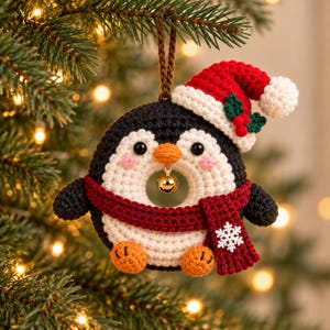 Può includere: Un ornamento all'uncinetto a forma di pinguino ciambella, con corpo bianco e nero, becco e zampe arancioni, cappello da Babbo Natale rosso con agrifoglio verde, sciarpa rossa con un fiocco di neve bianco e un campanellino dorato al centro.