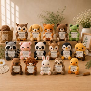 May include: A collection of fifteen small, crocheted animal figurines, each holding a white card with a printed name and an inspirational message. The animals include an owl, puppy, cat, bear, frog, raccoon, pig, panda, deer, penguin, bee, capybara, cow, bunny, and sloth.
