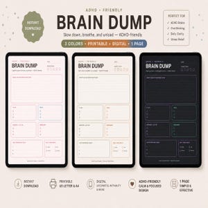 May include: Three digital tablet screens displaying ADHD-friendly Brain Dump planner templates in pastel pink, cream, and dark charcoal. Each page includes sections for thoughts, to-do lists, ideas, worries, reminders, priorities, and a self-care check.