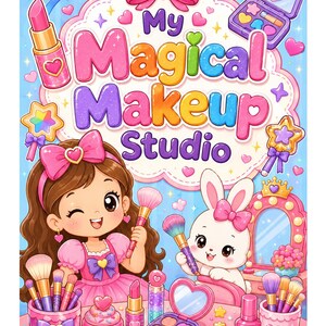 Op de afbeelding: Een kleurrijke illustratie getiteld My Magical Makeup Studio met een meisje met bruin haar en een wit konijn dat make-upkwasten vasthoudt. De scène bevat een make-upspiegel, lippenstift, oogschaduwpaletten en een cupcake op een tafel.