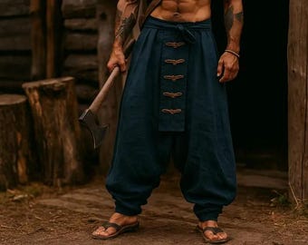 Pantaloni vichinghi medievali, pantaloni per costumi da fiera rinascimentale, pantaloni fantasy per LARP, pantaloni a gamba larga in cotone e lino, pantaloni boho in lino per festival.