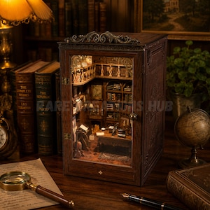 May include: A wooden book nook insert featuring a detailed miniature library interior with shelves, a desk, and a chair, enclosed in a dark brown frame with ornate top molding. The interior is illuminated, showcasing tiny books and furniture.