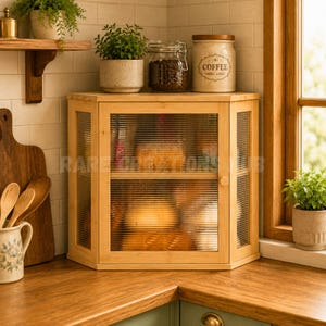 May include: A corner cabinet made of light-toned bamboo wood featuring two shelves and fluted glass panels on the front and side doors. The cabinet has a single round wooden knob on the central door and is positioned on a wooden kitchen countertop.