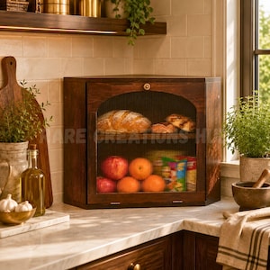 May include: A dark brown wooden corner bread box with a fluted glass door and a gold knob. The two-tier interior holds a loaf of bread on the top shelf and several pieces of fruit, including apples and oranges, on the bottom shelf.