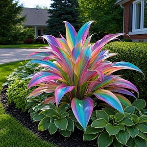May include: A vibrant plant with long, pointed leaves featuring a gradient of rainbow colors including pink, blue, yellow, and green. The plant is positioned in a garden bed surrounded by smaller, solid green leafy plants in a residential yard.