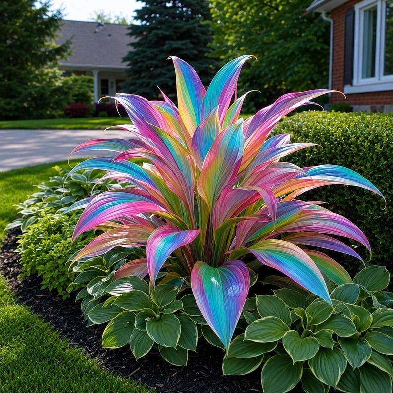 May include: A vibrant plant with long, pointed leaves featuring a gradient of rainbow colors including pink, blue, yellow, and green. The plant is positioned in a garden bed surrounded by smaller, solid green leafy plants in a residential yard.
