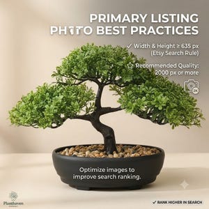 May include: A green artificial bonsai tree in a black ceramic pot filled with small pebbles. Text reads: PRIMARY LISTING PHOTO BEST PRACTICES, Width & Height 635 px, Recommended Quality: 2000 px or more, Optimize images to improve search ranking.