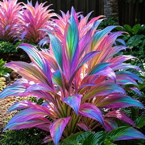 May include: A vibrant plant featuring long, pointed leaves with a striking gradient of iridescent colors, including shades of magenta, purple, teal, and soft yellow. The foliage displays a smooth, glossy texture with prominent veins running lengthwise.