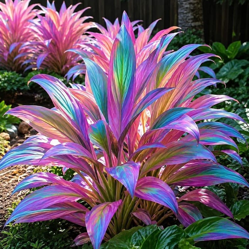 May include: A vibrant plant featuring long, pointed leaves with a striking gradient of iridescent colors, including shades of magenta, purple, teal, and soft yellow. The foliage displays a smooth, glossy texture with prominent veins running lengthwise.