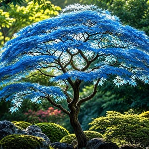 May include: A Japanese maple tree with vibrant blue, star-shaped leaves and a dark, textured trunk. The tree features a wide, spreading canopy with delicate, thin branches. It is situated among dark rocks and low-lying green shrubs in a garden.