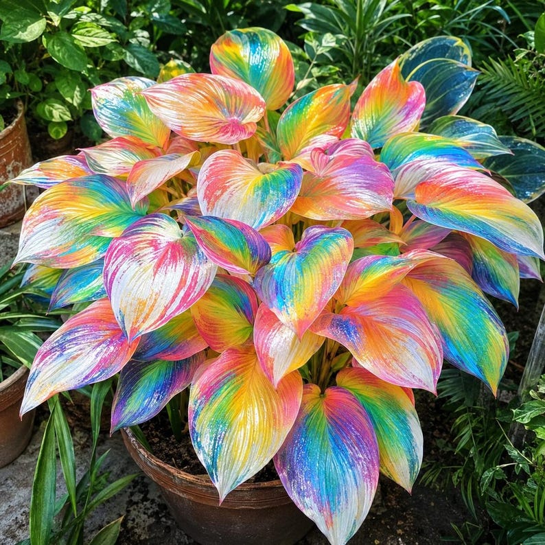 May include: A potted hosta plant featuring broad, heart-shaped leaves with a vibrant, multi-colored pattern. Each leaf displays a spectrum of rainbow colors, including streaks of yellow, orange, pink, purple, and blue, blending into white veins.