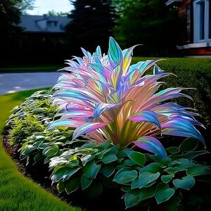 May include: A large, central plant with iridescent, multi-colored leaves that shimmer in shades of blue, purple, pink, and yellow. The plant features long, pointed foliage radiating from the center, surrounded by smaller, solid green leaves.