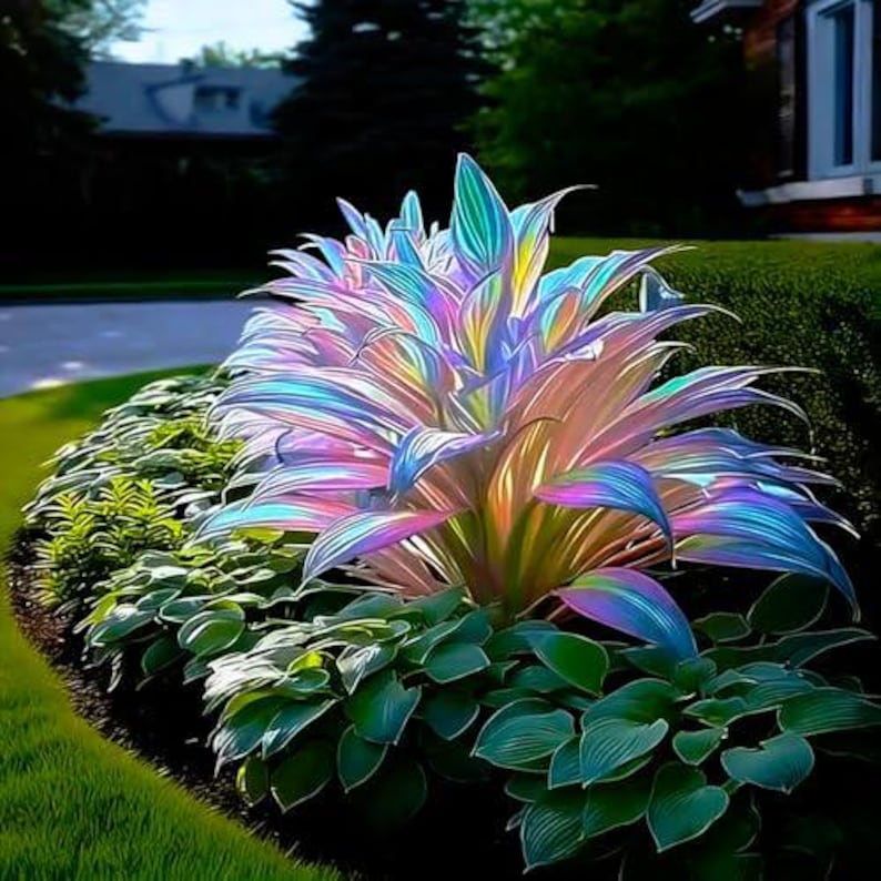 May include: A large, central plant with iridescent, multi-colored leaves that shimmer in shades of blue, purple, pink, and yellow. The plant features long, pointed foliage radiating from the center, surrounded by smaller, solid green leaves.