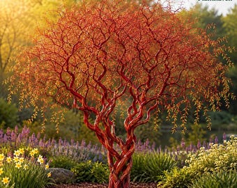 May include: A deciduous tree with a braided, deep red trunk and intricate, twisting branches. The tree features sparse, delicate green foliage and is surrounded by yellow daffodils and purple flowers in a garden setting with the text Planthaven.