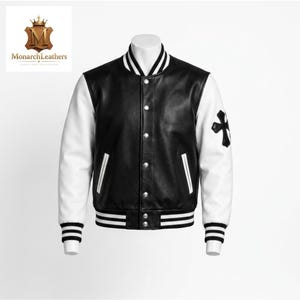 Handmade Black White Leather Varsity Jacket, Cross Patch Bomber
