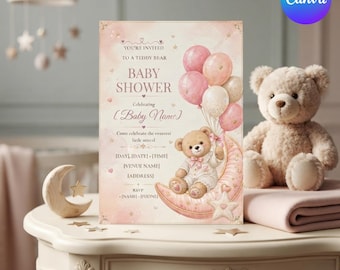 May include: A rectangular baby shower invitation card featuring a watercolor illustration of a teddy bear sitting on a crescent moon, surrounded by pink balloons and stars. The text reads: YOU'RE INVITED TO A TEDDY BEAR BABY SHOWER.