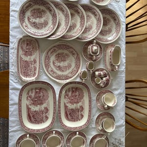 41-delige Myott Cambridge Old England ontbijtset, vintage Engelse rode transferware Ironstone, Engelse cottage dinerset