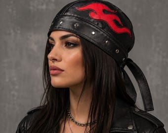 Flame Design Leather Biker Skull Cap, Unisex Motorcycle Riding Head Wrap, Adjustable Punk Rock Doo Rag, Rider Hat, Motorcycle  Accessory