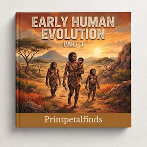 May include: A square book cover titled EARLY HUMAN EVOLUTION PART 3. The illustration depicts a group of early humans walking through a savanna landscape at sunset. The text Printpetalfinds is printed in white at the bottom of the cover.