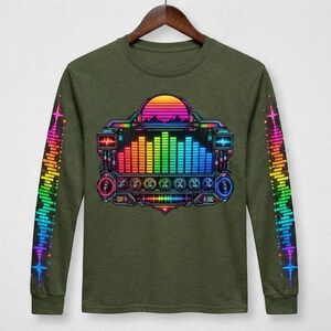 May include: An olive green long-sleeve shirt featuring a central graphic of a colorful rainbow audio equalizer display with a sunset motif. The sleeves are decorated with vertical rainbow-colored sound wave patterns running down the length of each arm.