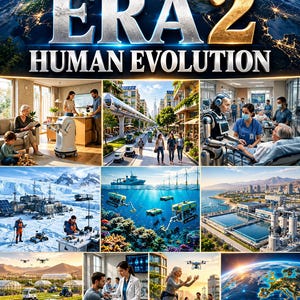May include: A poster titled ERA 2 HUMAN EVOLUTION featuring a collage of futuristic scenes including advanced robotics, urban infrastructure, underwater exploration, agricultural technology, medical care, and a satellite orbiting Earth.