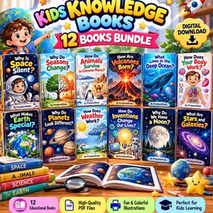 Könnte beinhalten: Ein digitales Download-Paket mit 12 pädagogischen Wissensbüchern für Kinder, die bunte Illustrationen zu Themen wie Weltraum, Tiere, Vulkane, Ozeane und den menschlichen Körper enthalten. Das Set umfasst eine Lupe und vier Bücher.