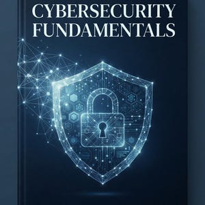 Könnte beinhalten: Ein dunkelblaues Buch mit dem Titel CYBERSECURITY FUNDAMENTALS. Das Cover zeigt eine leuchtende, hellblaue digitale Schildgrafik mit einem Vorhängeschloss-Symbol, umgeben von einem Netzwerk aus Knoten und Linien auf der linken Seite.