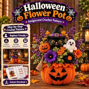 May include: A digital crochet pattern for a Halloween flower pot featuring a black cat in a witch hat, a white ghost, and orange pumpkins. The pattern includes step-by-step instructions, clear photos, and is available for instant download.