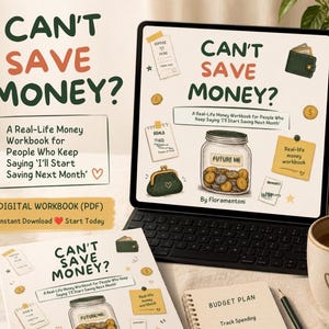Könnte beinhalten: Ein digitales Arbeitsbuch mit dem Titel Can't Save Money? A Real-Life Money Workbook for People Who Keep Saying I'll Start Saving Next Month auf einem Tablet-Bildschirm und einer gedruckten Seite, mit Illustrationen von Münzglas und Geldbörse.