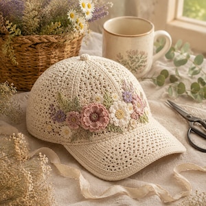 Crochet Floral Baseball Cap Pattern | Cottagecore Flower Hat Tutorial (PDF Download)