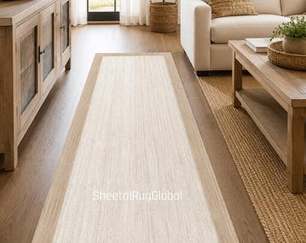 Alfombra de pasillo de yute blanco crema beige, alfombra tejida natural para pasillo, alfombra de estilo rústico neutro, alfombra de entrada bohemia, decoración minimalista para sala de estar 2x8