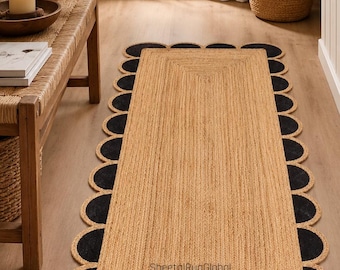 Handwoven Beige & Black Scalloped Jute Runner Rug, Natural Braided Hallway Rug, Boho Farmhouse Kitchen Runner, Rustic Floor Mat 2x10 Carpet