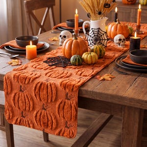 Peut inclure: Un chemin de table orange orné d'un motif de citrouilles en relief sur toute sa surface. Le chemin de table est disposé sur une table à manger en bois, décorée de diverses citrouilles, de crânes, de bougies et d'ornements en toile d'araignée.