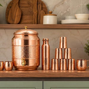 Puede incluir: Una colección de recipientes de cobre martillado que incluye un dispensador de agua grande con grifo, dos botellas, una taza con asa y varios vasos pequeños. Los artículos presentan un acabado metálico pulido y una superficie texturizada.
