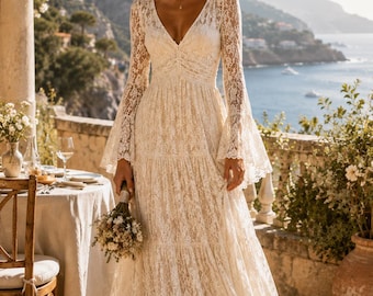 Abito lungo bianco in pizzo stile boho, abito romantico da invitata a un matrimonio, stile cottagecore