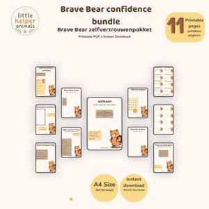 Op de afbeelding: Een Brave Bear confidence bundle met 11 printbare pagina's op A4-formaat. De set bevat een welkomstpagina, een werkboek, sterrenkaarten en activiteitenbladen, allemaal versierd met een bruine beer en teksten in het Engels en Nederlands.