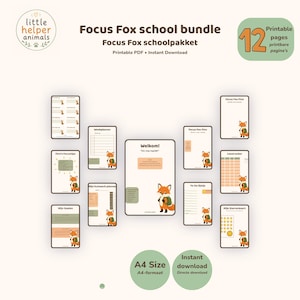 Op de afbeelding: Een Focus Fox schoolpakket met 12 printbare pagina's op A4-formaat. De set bevat een welkomstpagina, weekplanner, huiswerkplanner, leestracker, sterrenkaart, to-do lijst en focustips, allemaal voorzien van een cartoon vosje als illustratie.