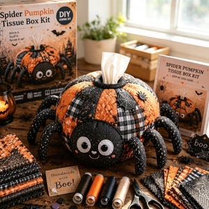 Peut inclure: Un kit de boîte à mouchoirs citrouille-araignée comprenant une araignée en tissu matelassé et rembourré avec des panneaux orange et noirs, huit pattes et une ouverture centrale. Le kit inclut des carrés de tissu, des bobines de fil et un guide.