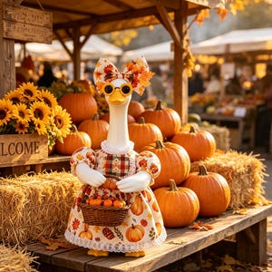 May include: A white goose figurine wearing a dress with a pumpkin and leaf print, a matching bow, and round glasses. The goose holds a small woven basket filled with miniature pumpkins. The figurine is surrounded by orange pumpkins and sunflowers.