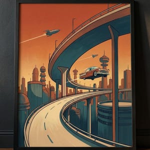 Può includere: Una stampa artistica incorniciata che raffigura un paesaggio urbano retro-futuristico con un'autostrada sopraelevata. Un'auto in stile vintage fluttua sopra la strada, mentre due piccole navicelle spaziali volano in un cielo arancione.