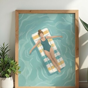 Väggkonsttryck med poolmadrass | Illustrerad sommarredaktion | Minimalistisk illustration vid poolen