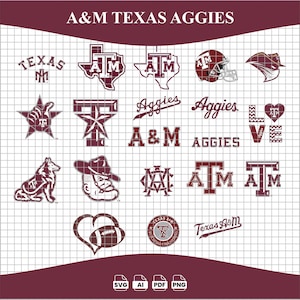 May include: A digital collection of maroon and white Texas A&M Aggies graphics featuring logos, text, a football helmet, a mascot, and a heart design on a grid background. The text A&M TEXAS AGGIES appears at the top, with SVG, AI, PDF, and PNG icons below.