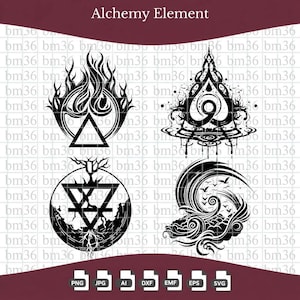 Op de afbeelding: Een digitale grafische set getiteld Alchemy Element met vier zwart-wit illustraties die vuur, water, aarde en lucht voorstellen. De ontwerpen bevatten een driehoek met vlammen, een watervorm, een driehoek met wortels en wervelende wind.