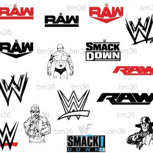 May include: A collection of black and white graphic decals featuring various WWE logos, including multiple RAW and SMACKDOWN wordmarks, the stylized W logo, and illustrations of professional wrestlers including a shirtless figure and a hat-wearing figure.