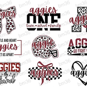 May include: A collection of nine graphic designs featuring the word aggies in maroon script, including icons like a leopard print bow, a football helmet, a letter A, a heart, and a checkered pattern with text such as ONE town school family.
