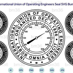 Puede incluir: Un paquete de gráficos digitales con el sello de la International Union of Operating Engineers. El diseño incluye un medidor circular con números del 0 al 600, el texto "INTERNATIONAL UNION OF OPERATING ENGINEERS," "ORGANIZED DEC. 7, 1896," y "LABOR OMNIA VINCIT."