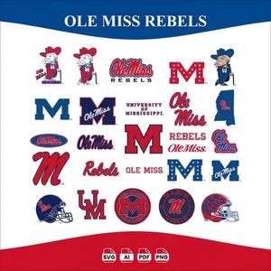 May include: A collection of Ole Miss Rebels digital graphics featuring various logos, the letter M, the text Ole Miss, and the mascot. The designs are rendered in red, blue, and white, including football helmets, state outlines, and typography.